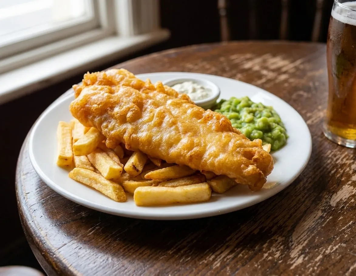 Plate of beer-battered fish and chips with side of mushy peas and tartar sauce on dark pub table