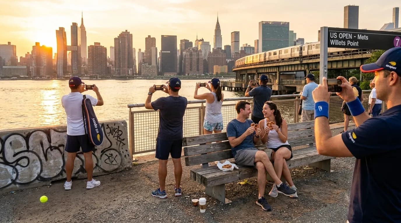 Bright editorial scene supporting Long Island City Sunset Stops Before US Open Matches.
