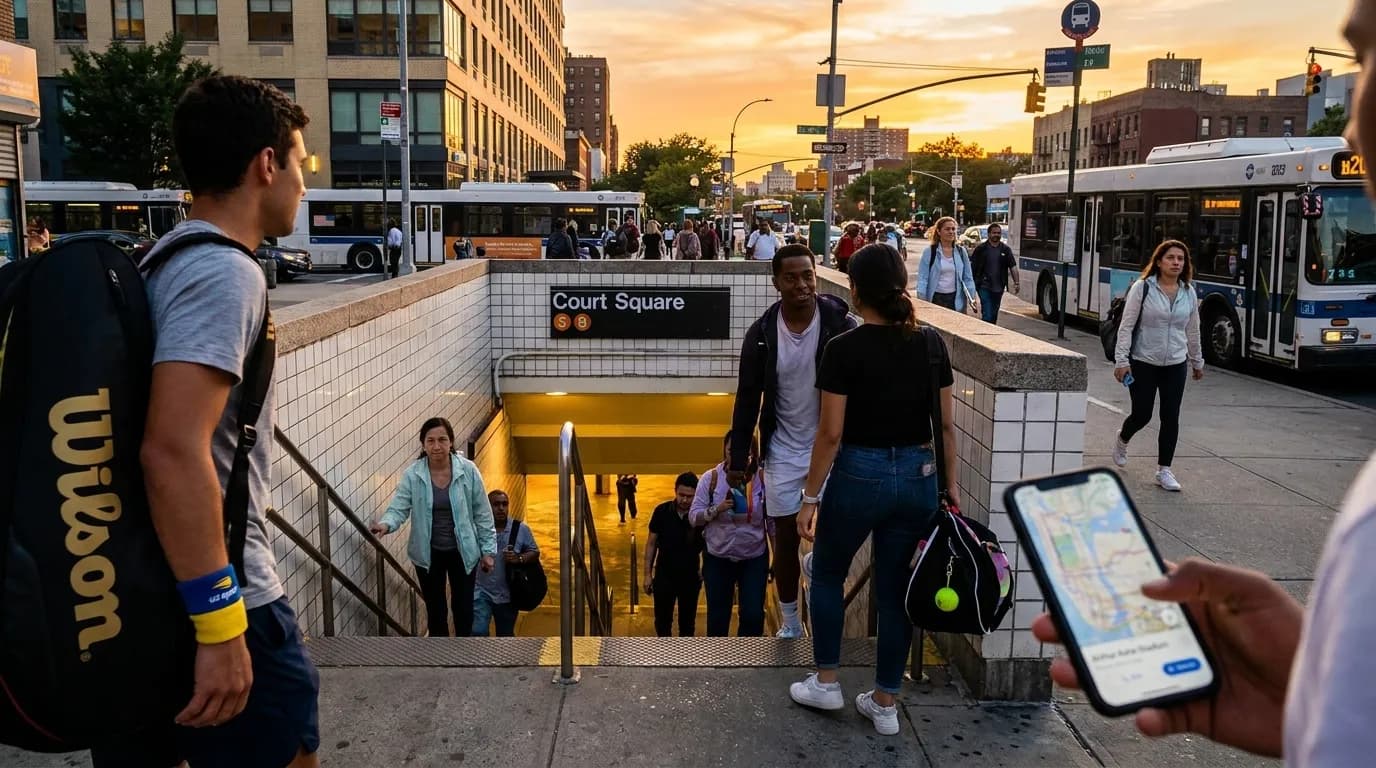 Bright editorial scene supporting Long Island City Sunset Stops Before US Open Matches.