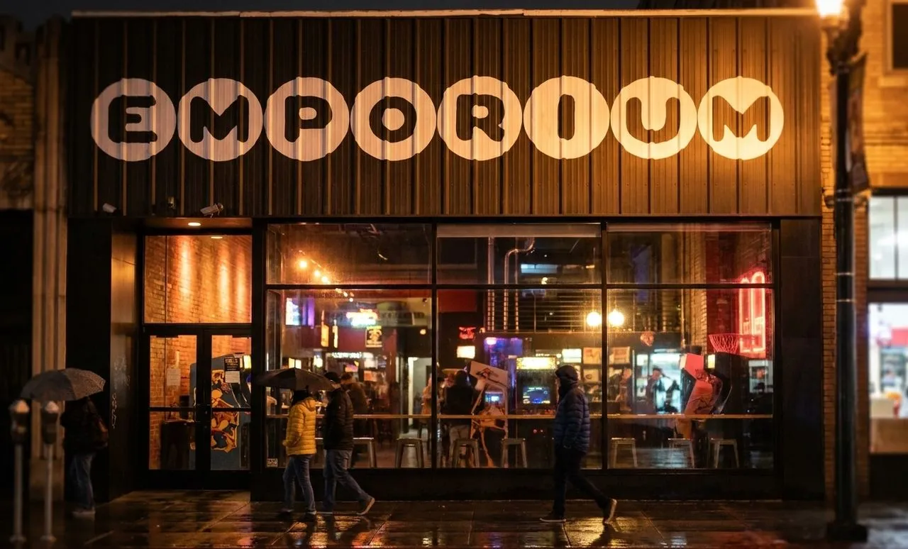 Night exterior of a lively arcade bar in San Francisco with warm light spilling onto the sidewalk