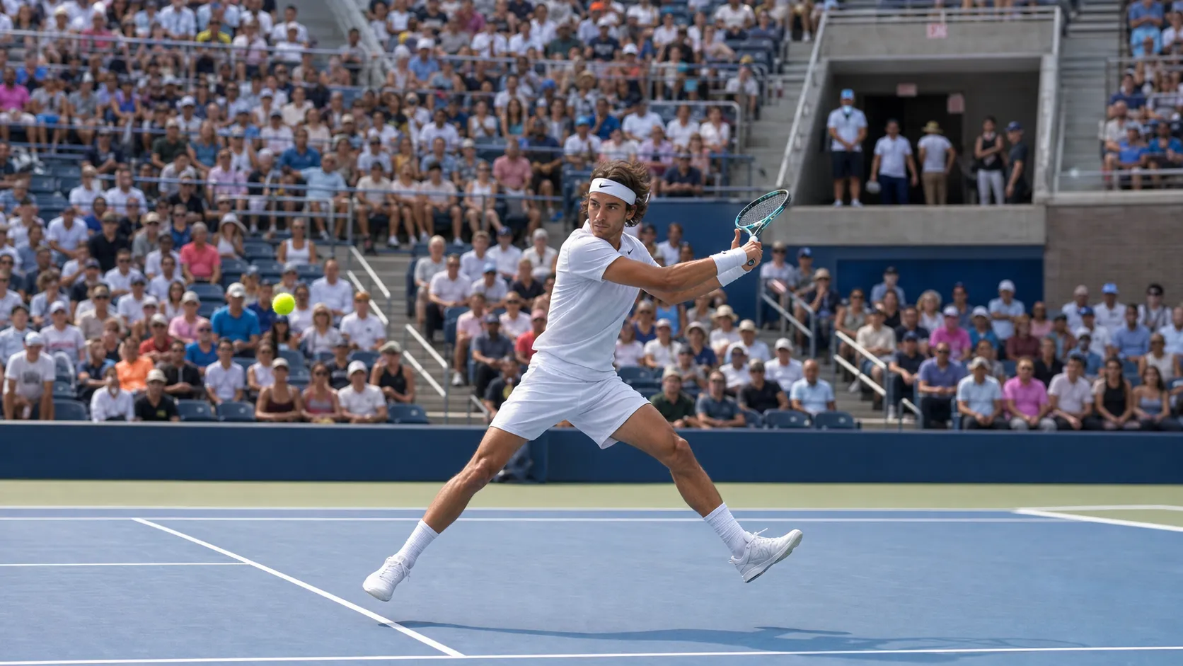 Photorealistic US Open tennis scene for Lorenzo Musetti’s Variety Faces a Hard-Court Test in New York.