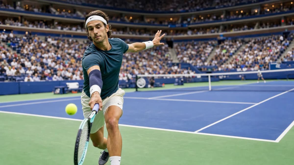 Photorealistic tennis scene illustrating Lorenzo Musetti’s Variety Faces a Hard-Court Test in New York.