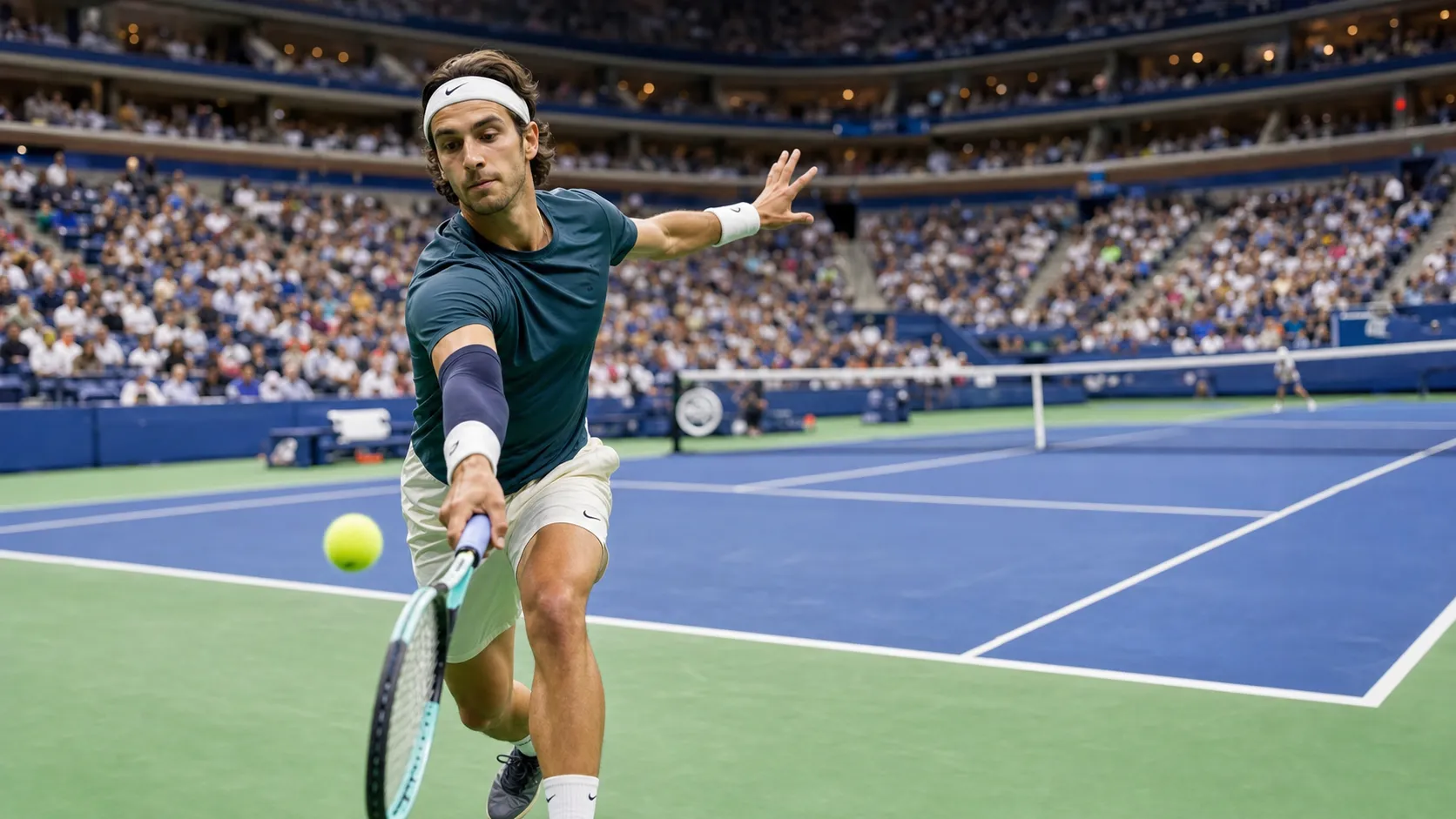 Photorealistic tennis scene illustrating Lorenzo Musetti’s Variety Faces a Hard-Court Test in New York.