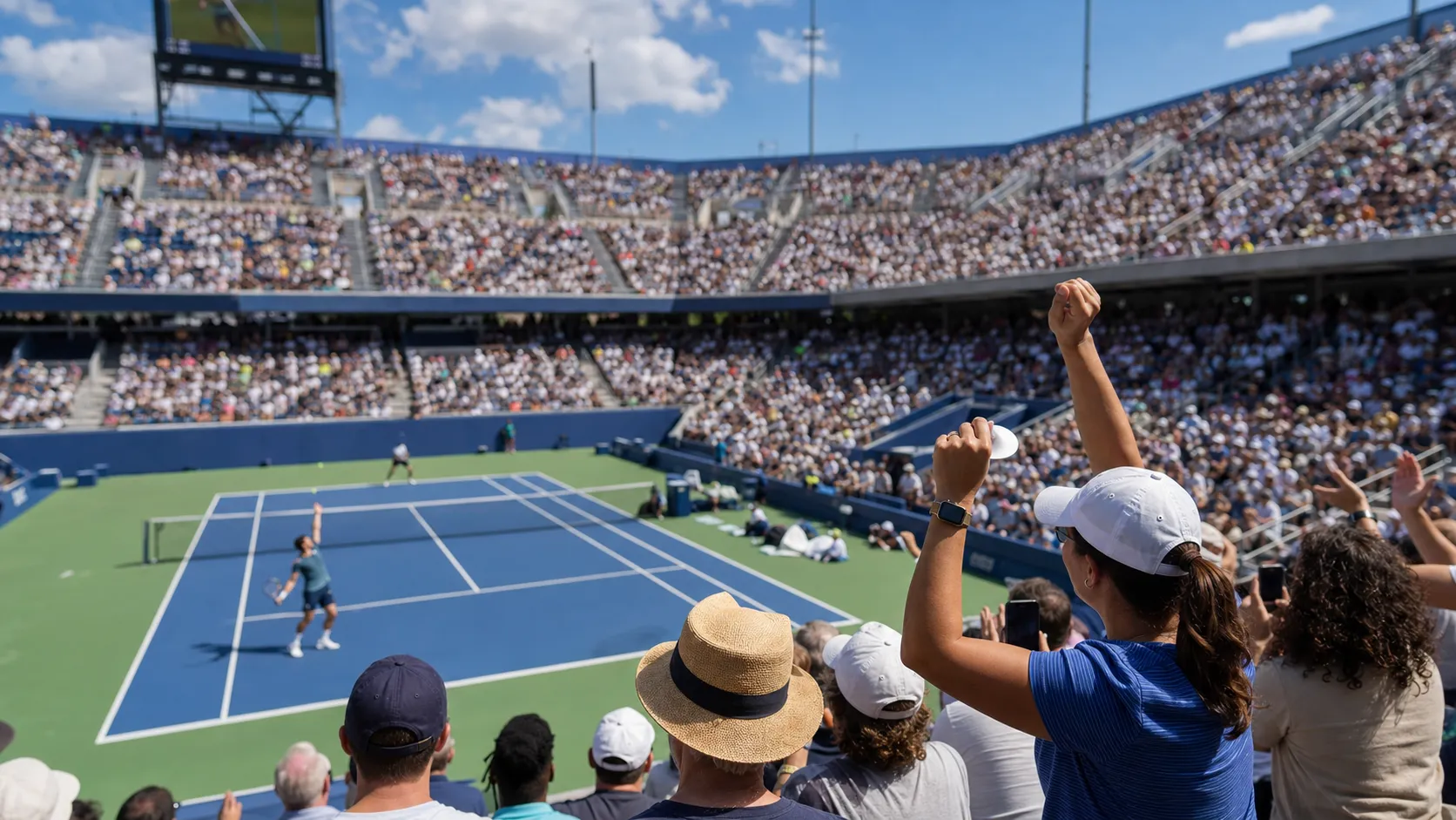 Bright US Open tennis atmosphere illustrating Lorenzo Musetti’s Variety Faces a Hard-Court Test in New York.