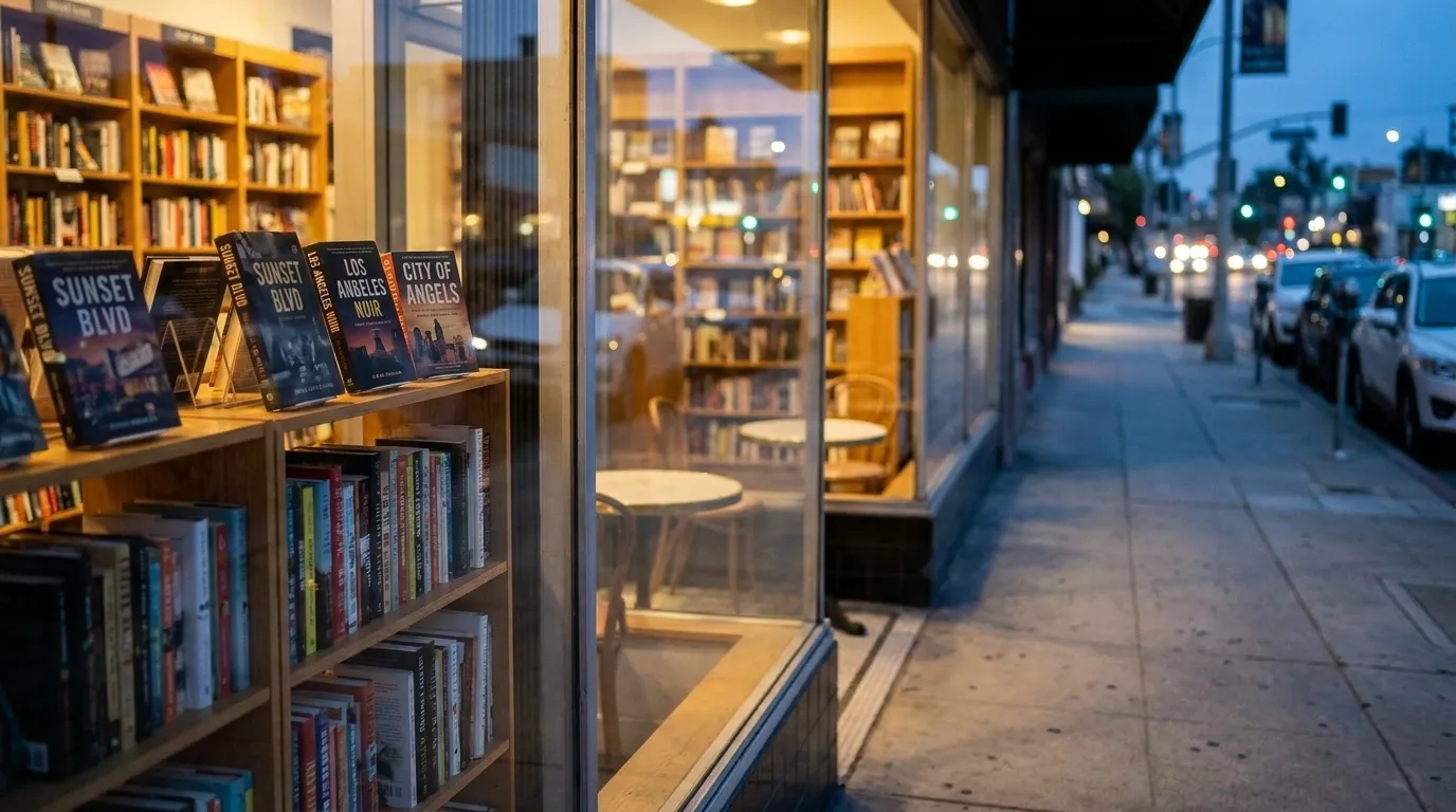 Bookstore window on Sunset Boulevard in Echo Park at dusk with warm interior light