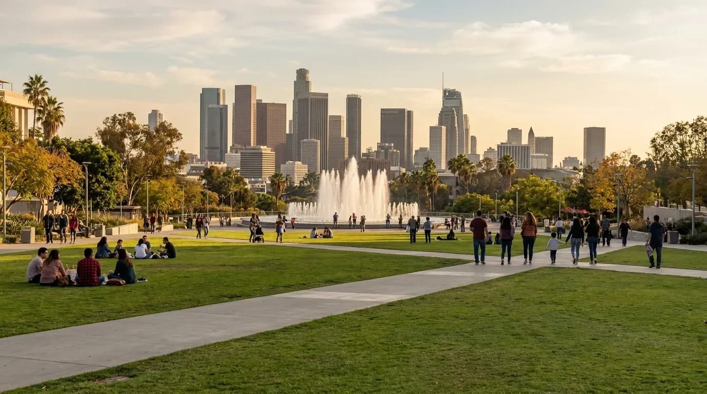Grand Park in downtown Los Angeles on a weekend afternoon, with fountain and city skyline visible