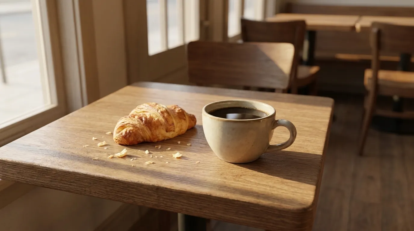 Coffee and pastry on a wooden table at an Echo Park café, morning light through the window