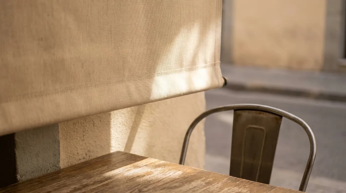 Covered patio seating at a Los Angeles café, awning and table in soft morning light