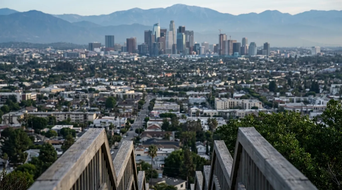 View across Los Angeles basin from Baldwin Hills stairs in Culver City, showing urban sprawl and distant mountains in morning light