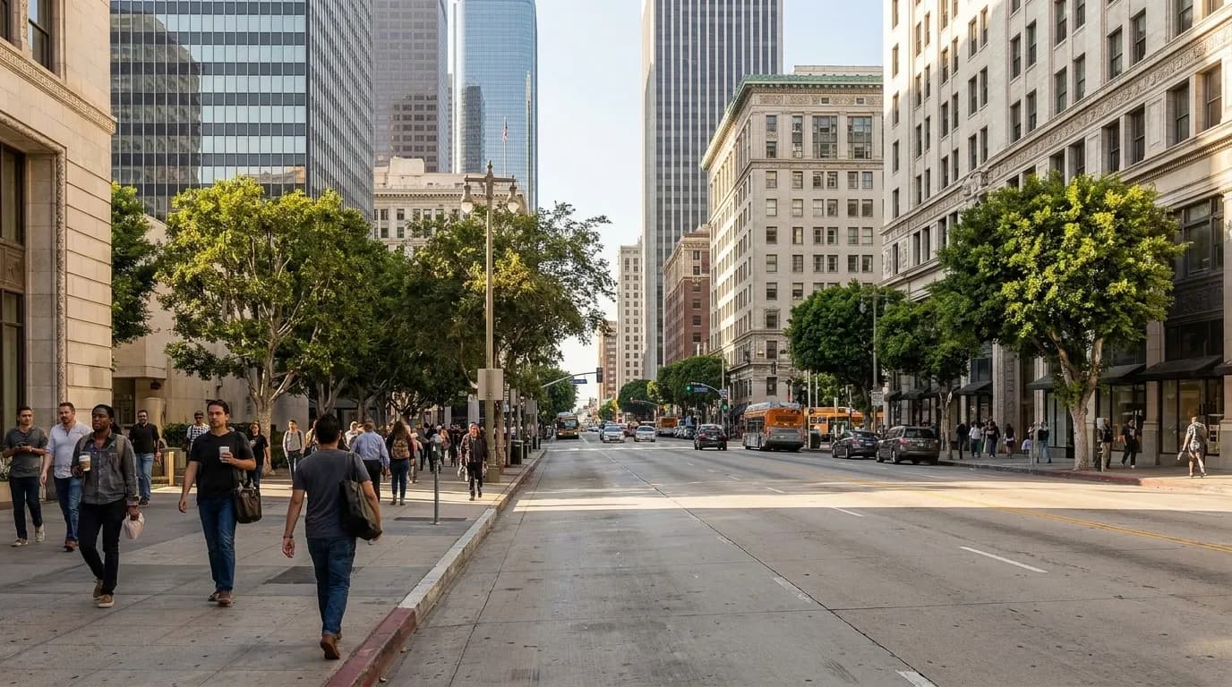 Grand Avenue in Downtown Los Angeles on a clear afternoon, showing the pedestrian-friendly streetscape near Cognoscenti Coffee