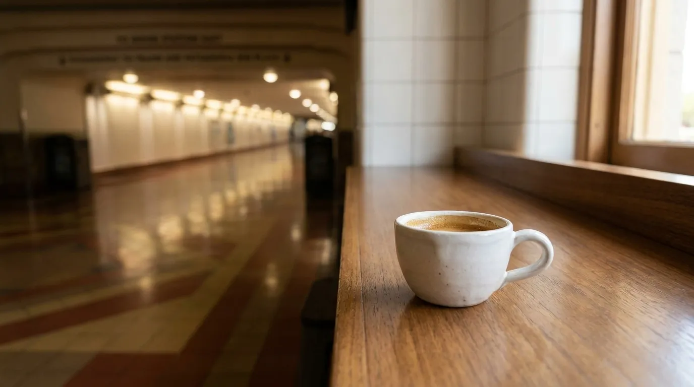 Espresso cup on a café counter in natural afternoon light, simple and detailed