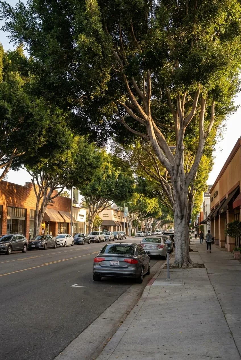 San Vicente Boulevard in Brentwood during late afternoon, showing the tree-lined, quiet character of the street near Caffe Luxxe