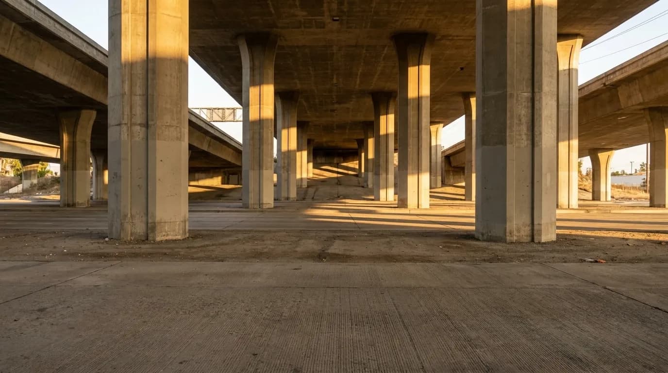 Afternoon light streaming through concrete columns of Interstate 10 overpass in Los Angeles
