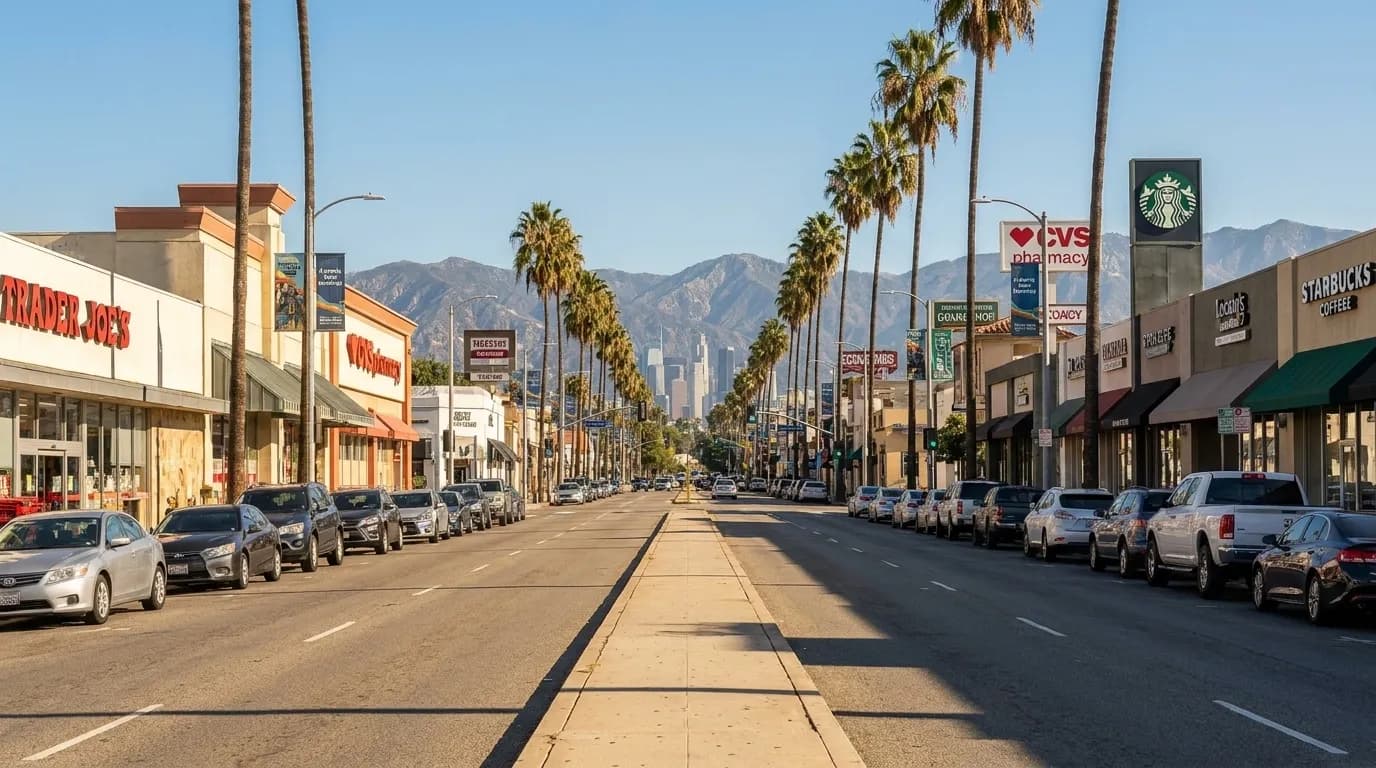 Ventura Boulevard in Studio City at midday with shops and parked cars under clear skies
