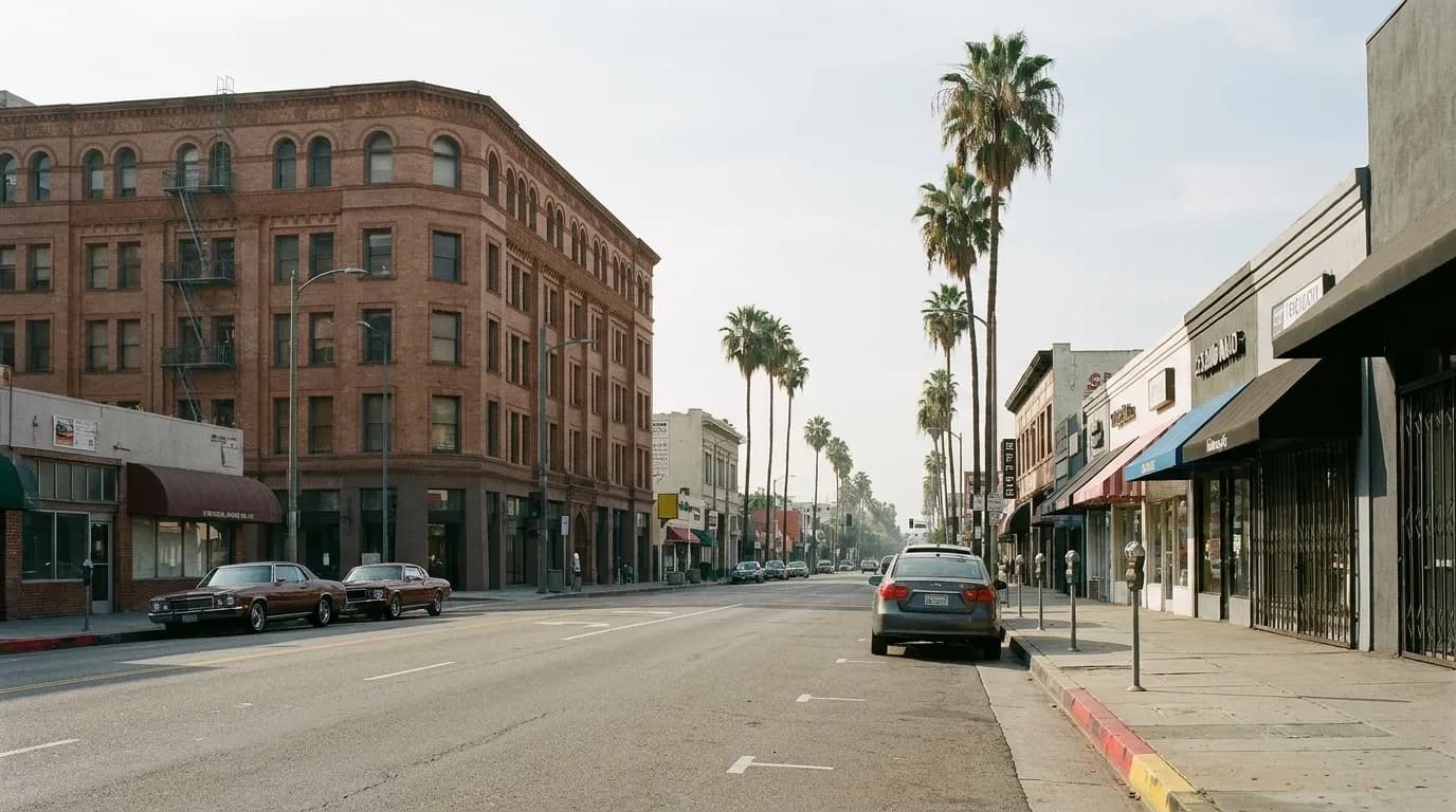 Melrose Avenue with metered street parking and commercial buildings in morning light
