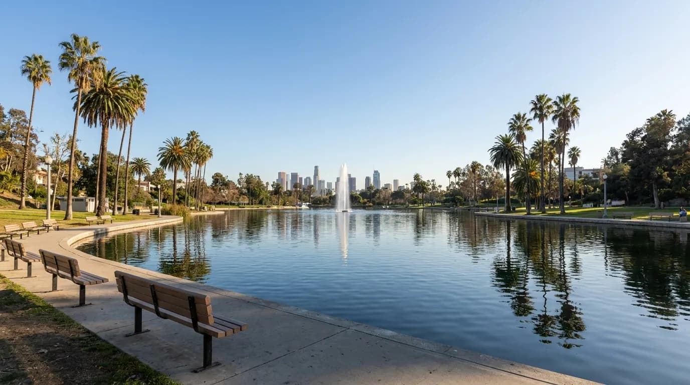 Echo Park Lake with boathouse and fountain, open benches along the northwest walking path