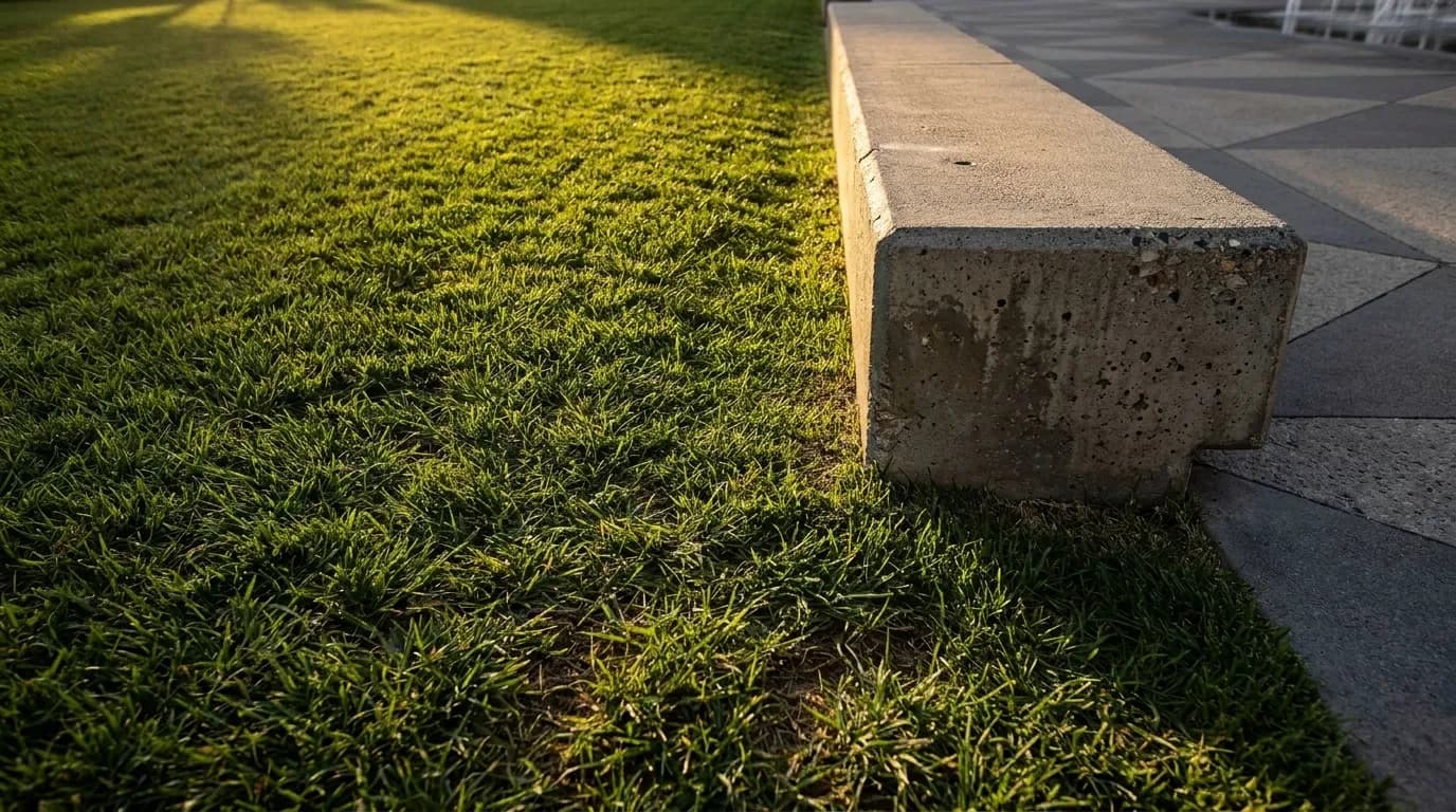 Close view of Grand Park lawn and fountain edge, showing grass texture and concrete seating area