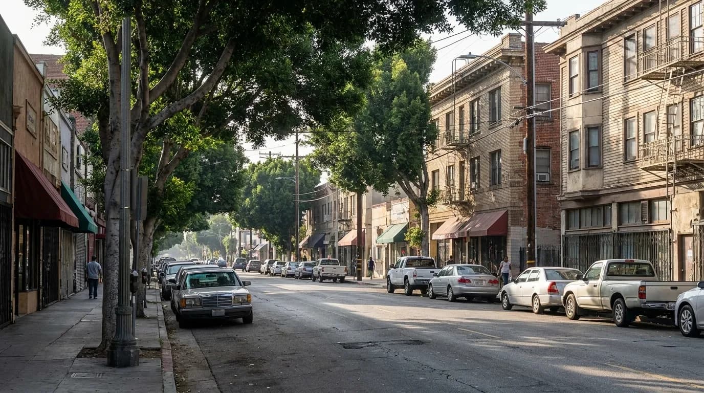 Glendale Boulevard in Echo Park, tree-lined street with storefronts and residential buildings