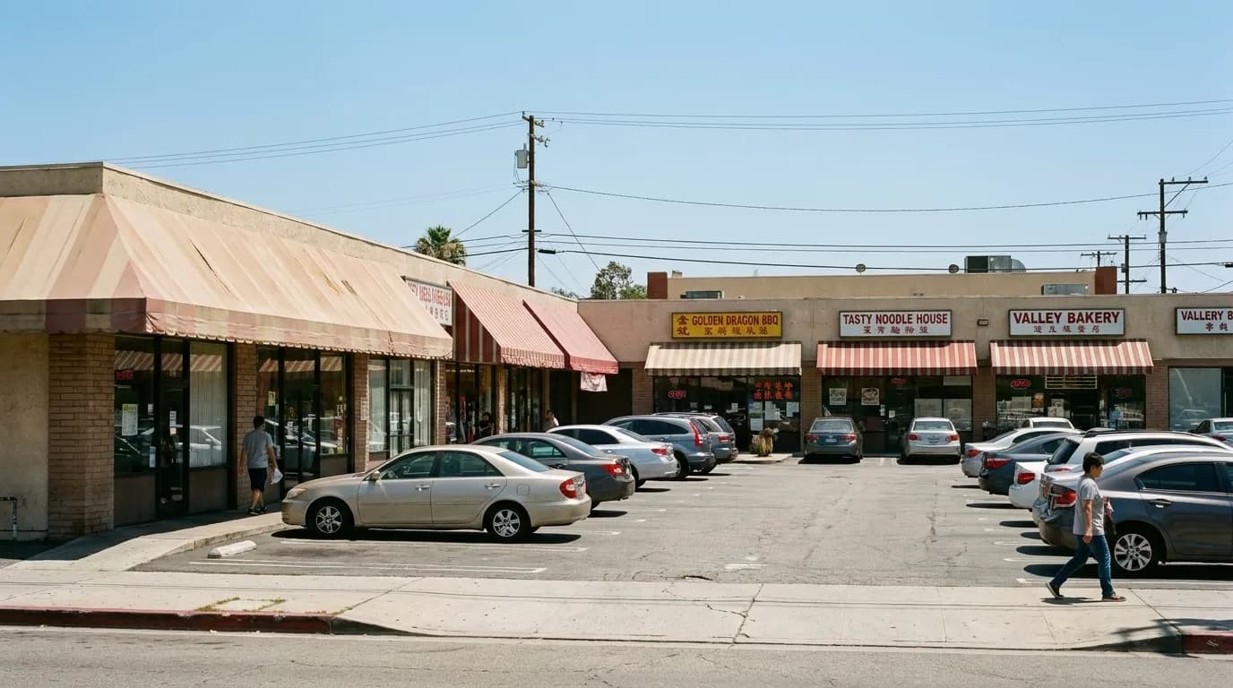 Strip mall along Valley Boulevard in Alhambra with restaurant awnings and parked cars under midday sun