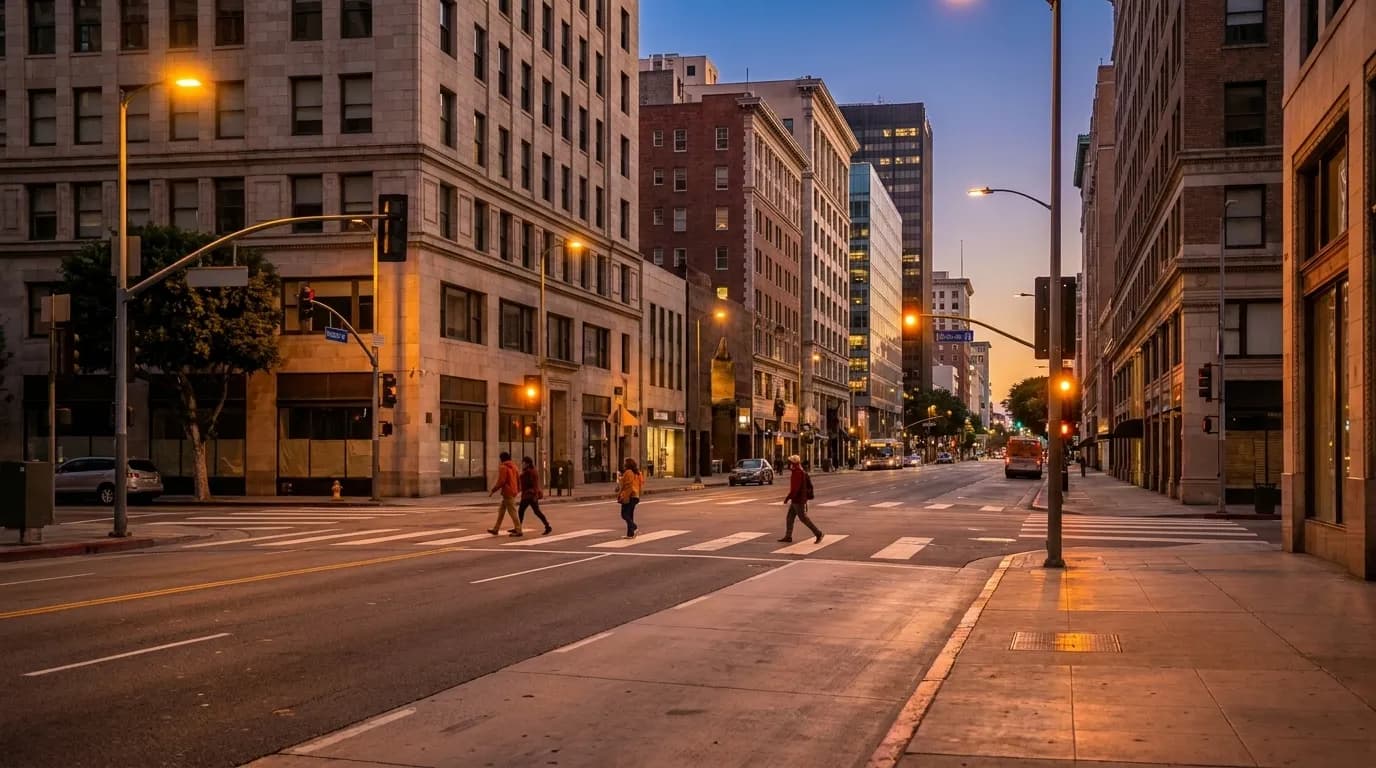 Grand Avenue in downtown Los Angeles at dusk with warm streetlights and pedestrians