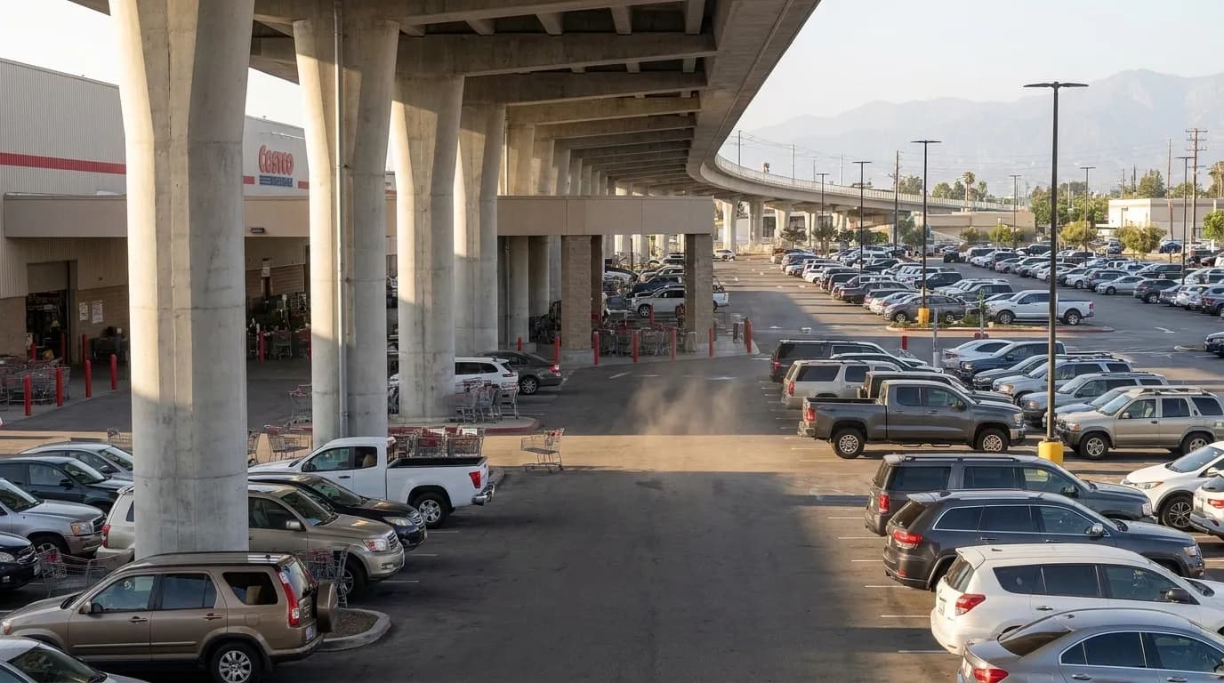 Busy Costco parking lot in Los Angeles on a weekday afternoon with cars and shopping carts