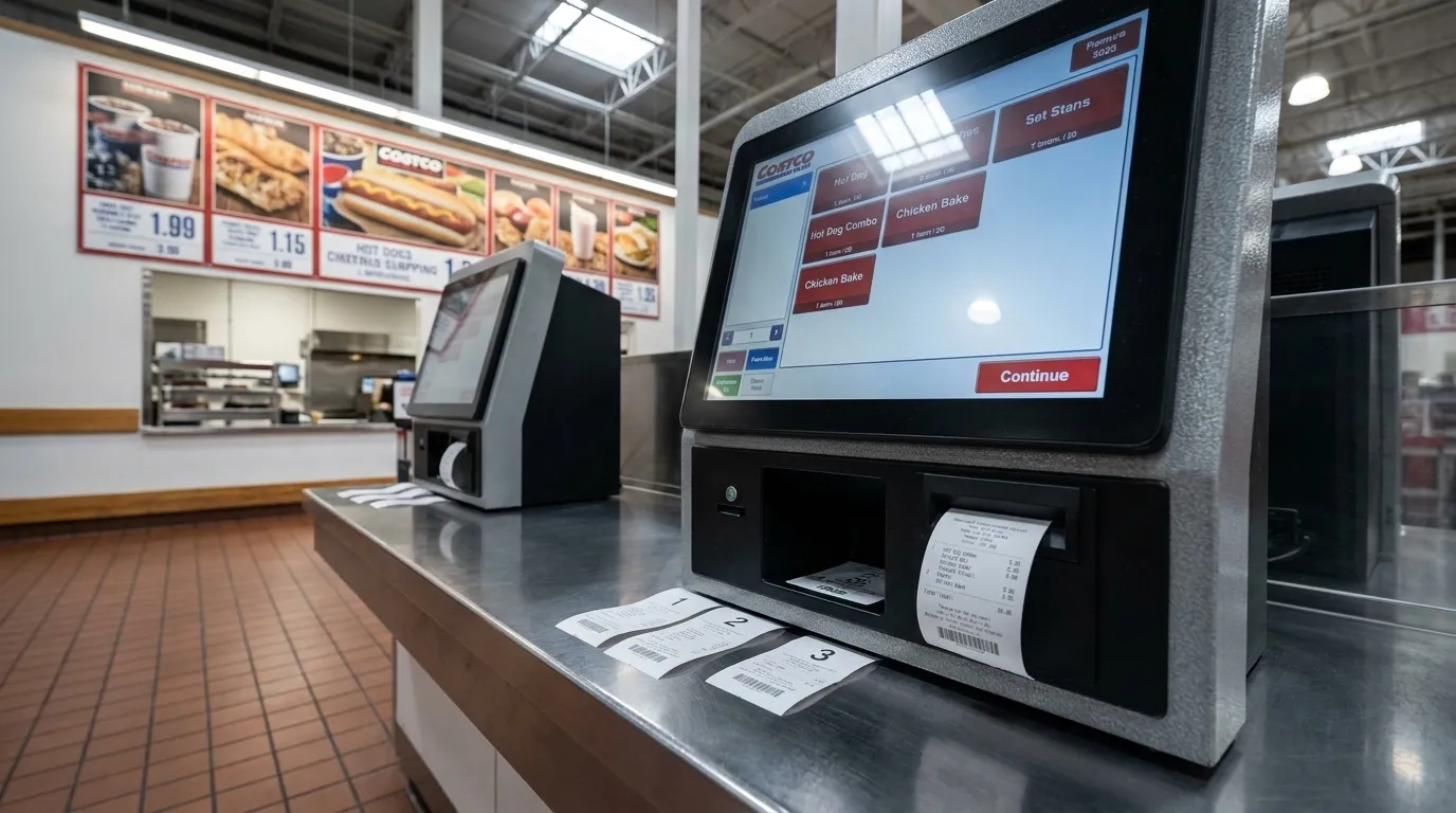 Costco food court order kiosk with receipt printer and menu board