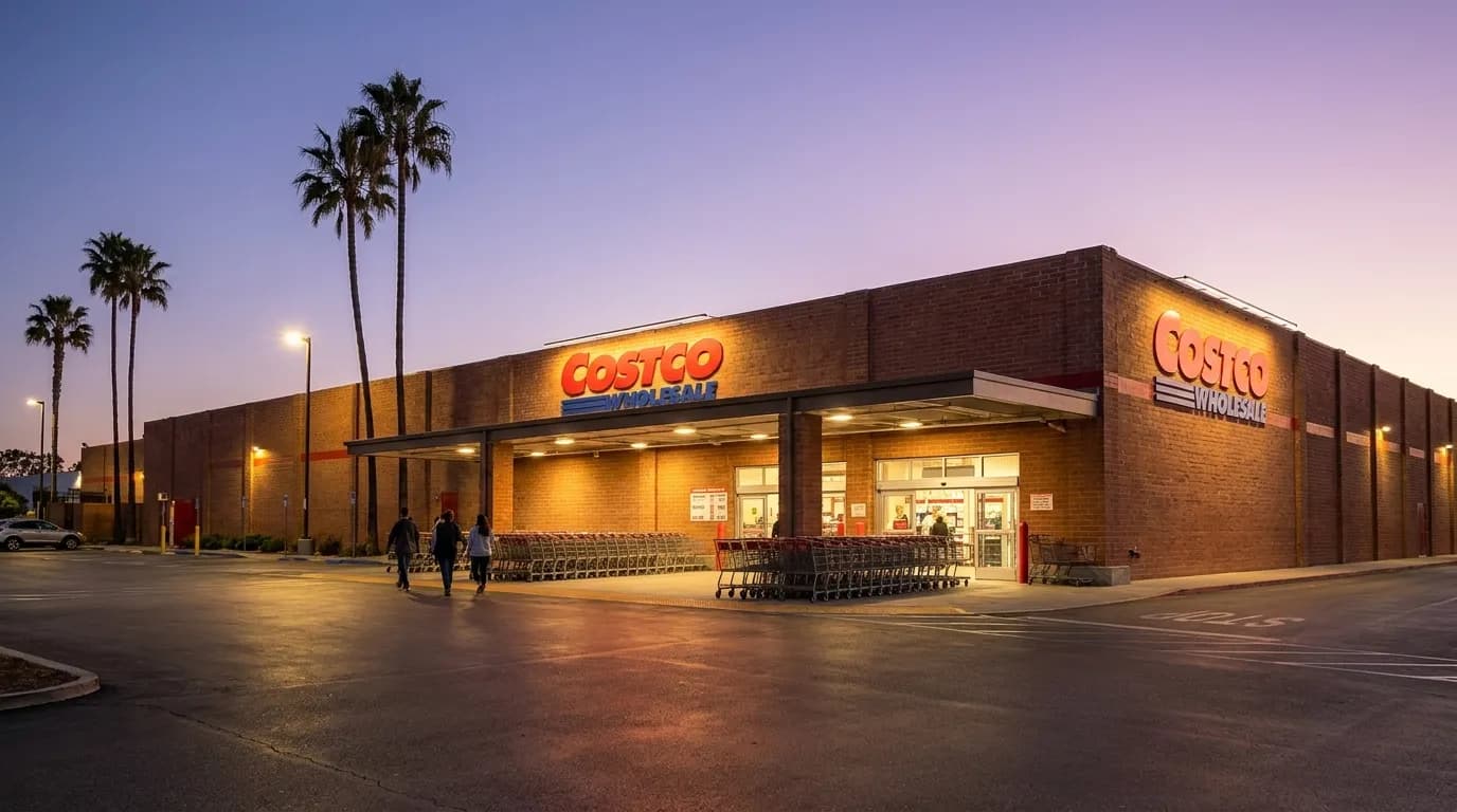 Costco warehouse exterior at dusk with illuminated signage and entrance