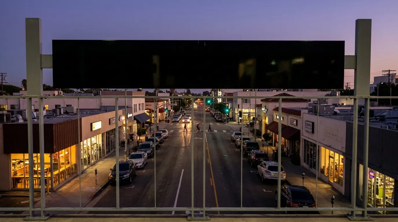 Evening view of Westwood Boulevard in Los Angeles with lit storefronts and parked cars