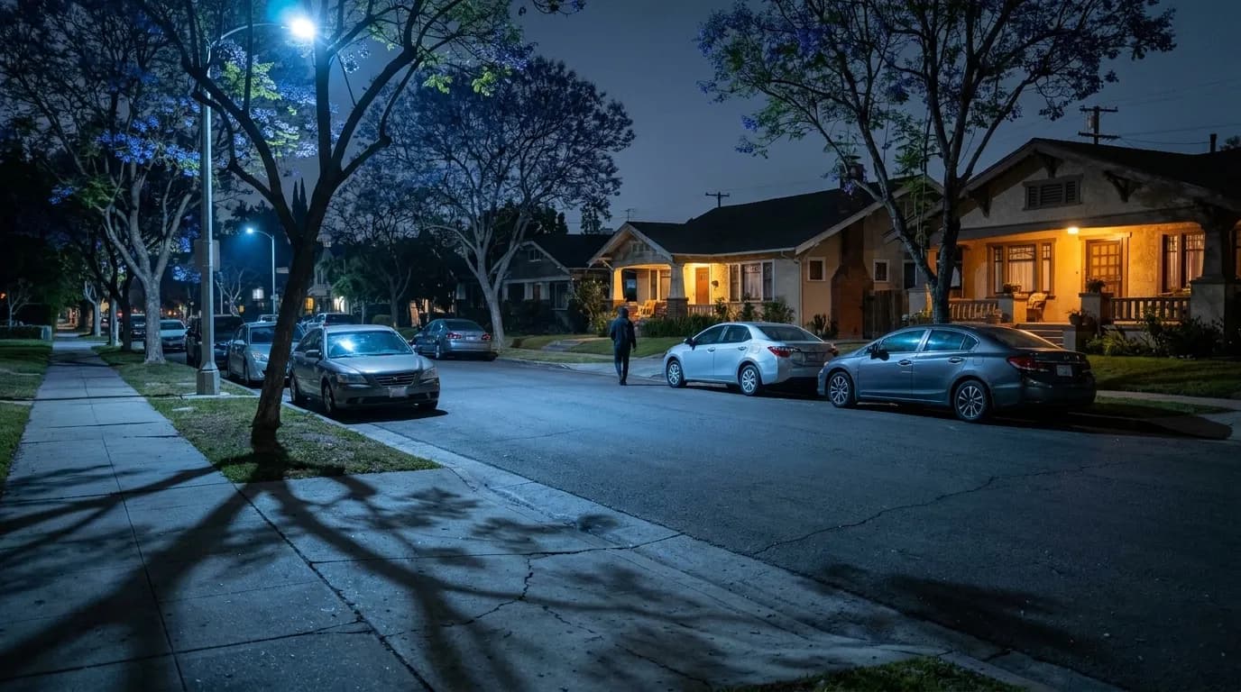 Quiet residential street near Larchmont Boulevard in Los Angeles at night with streetlights and parked cars