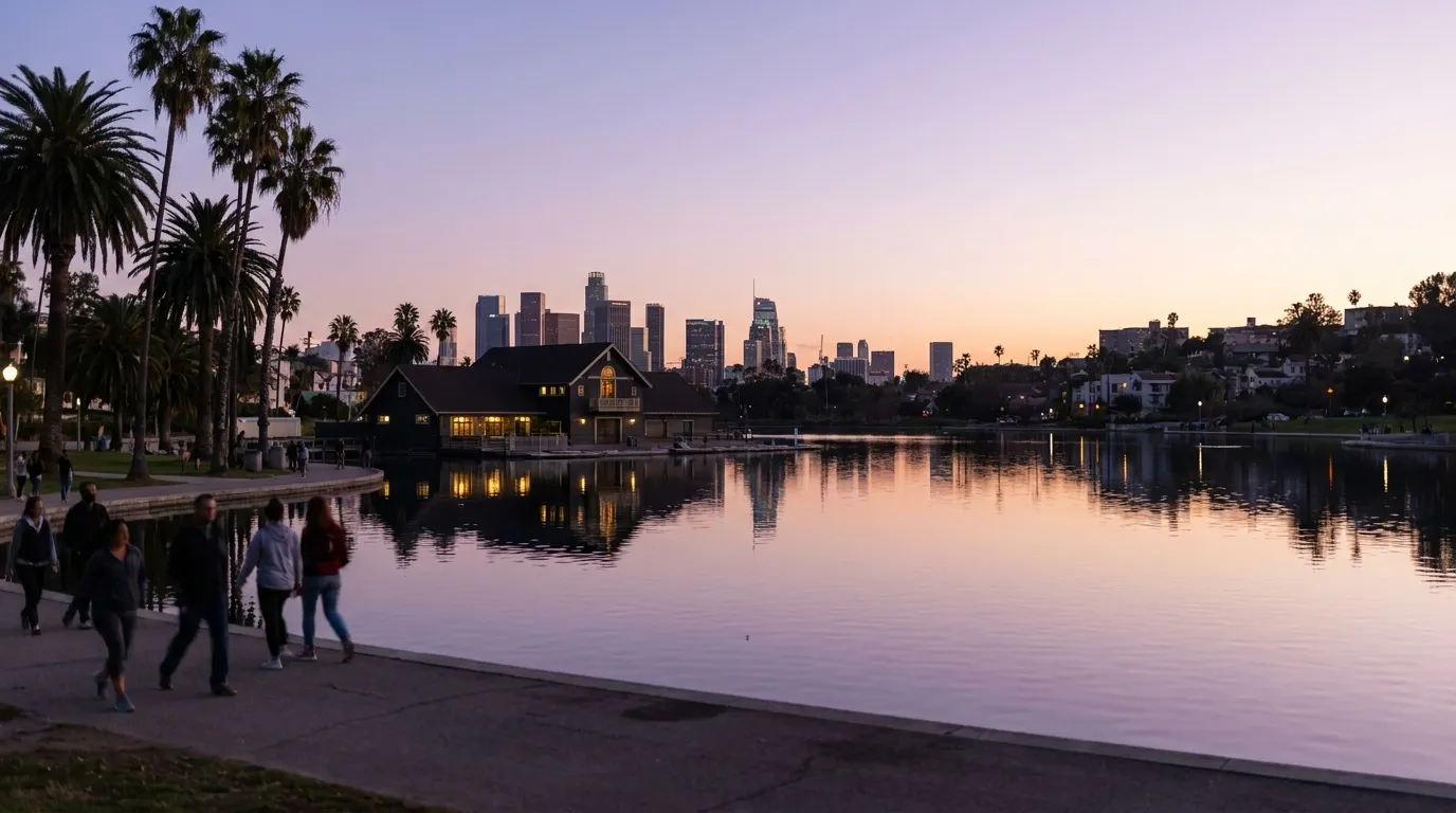 Echo Park Lake at sunset with boathouse silhouette and downtown Los Angeles skyline