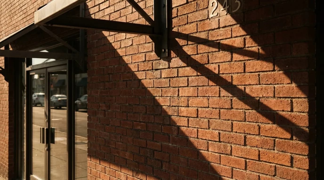 Brick facade detail of a York Boulevard storefront in Highland Park with afternoon shadows
