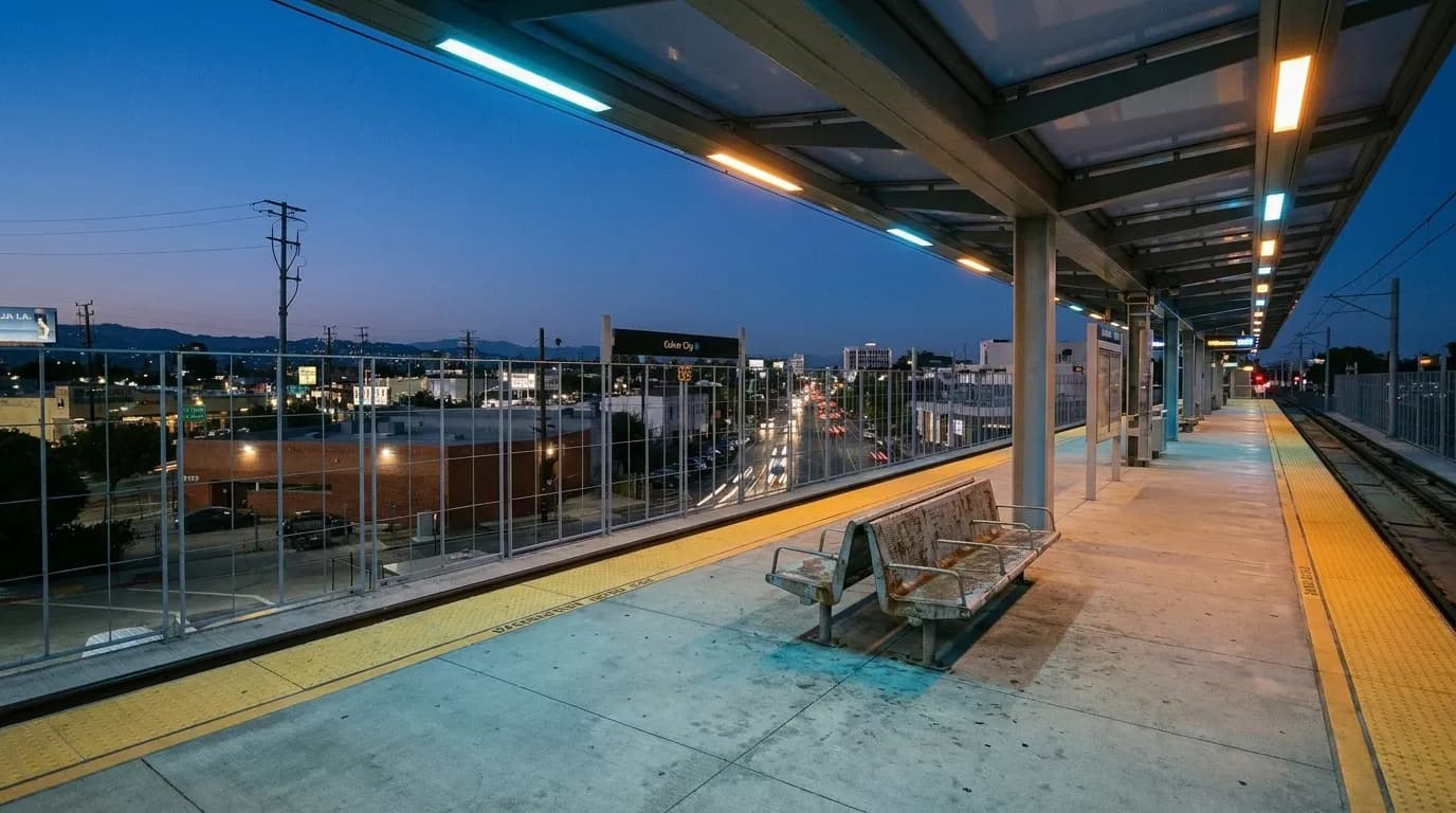 Culver City Metro E Line station platform at dusk with tracks and city lights