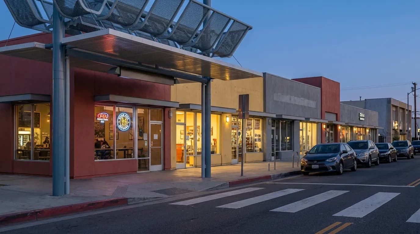 Washington Boulevard storefronts in Culver City at twilight with parked cars and glowing windows