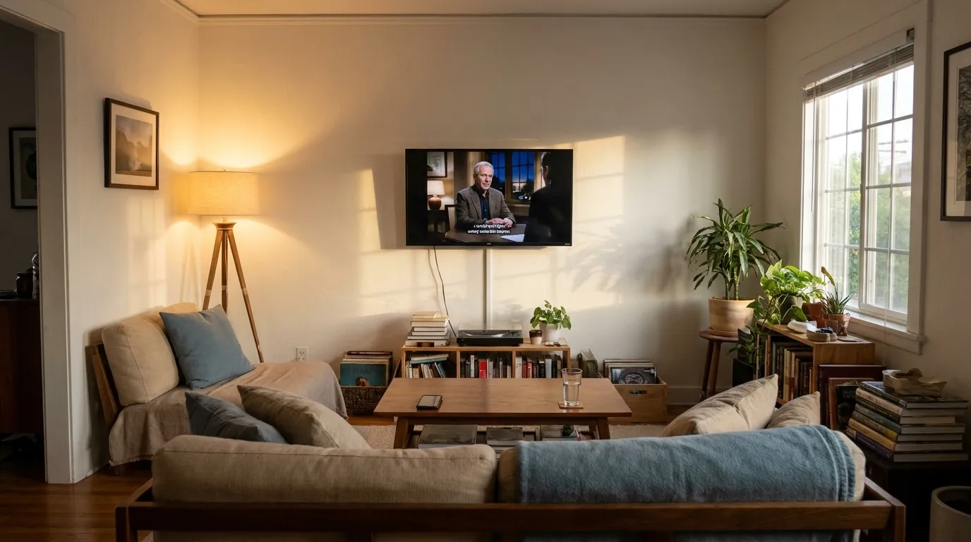 Small Los Angeles apartment living room with television and couch in warm evening light