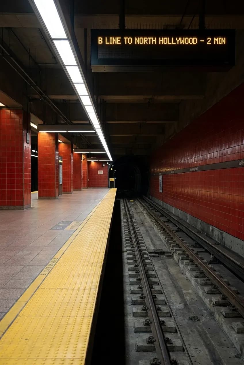 Metro B Line platform at Hollywood Highland station with red tile walls and arrival board
