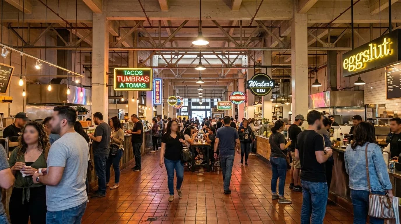 Interior of Grand Central Market in Downtown Los Angeles showing the central aisle with vendor stalls and evening crowd