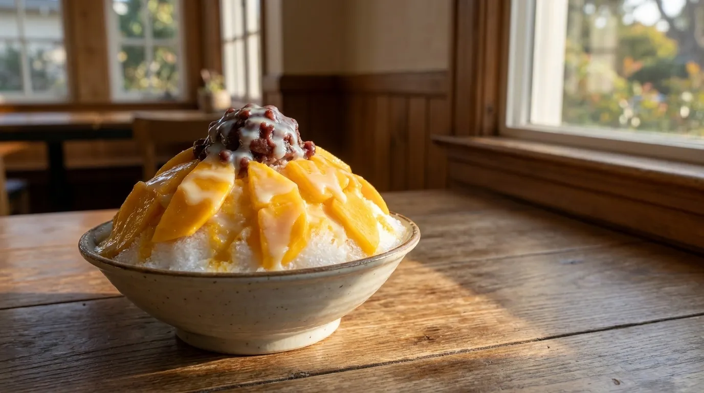 Korean bingsu shaved ice dessert with mango and condensed milk in a Koreatown café