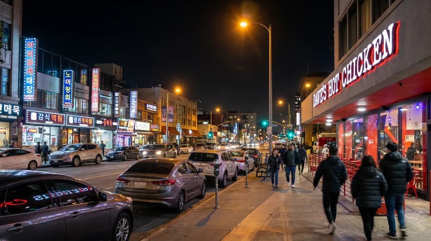 Wilshire Boulevard in Koreatown at night with Korean storefronts and streetlights