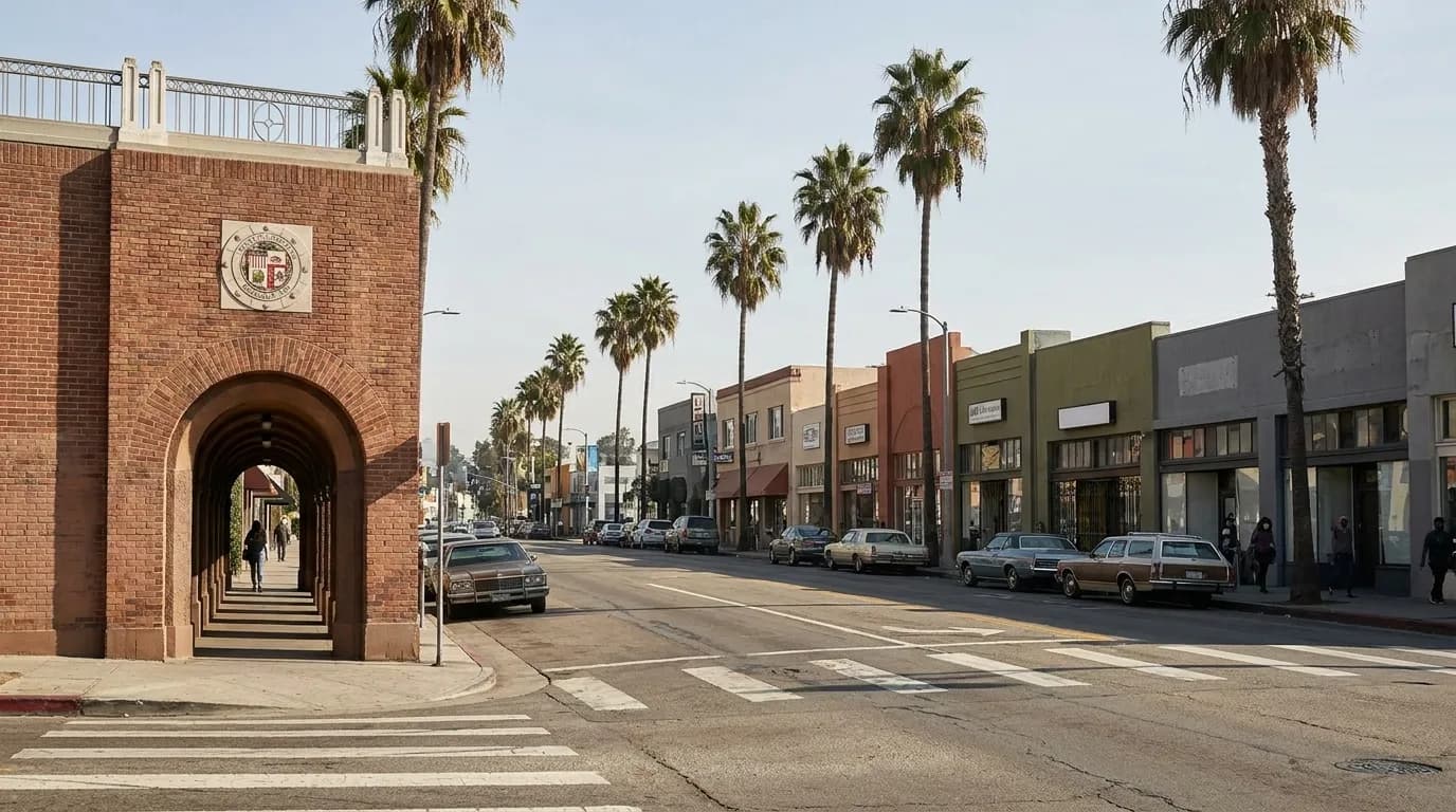 Sunset Boulevard in Silver Lake, Los Angeles, with storefronts and street parking