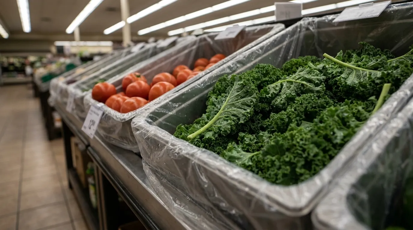 Fresh produce bins in a Los Angeles supermarket with leafy greens and tomatoes
