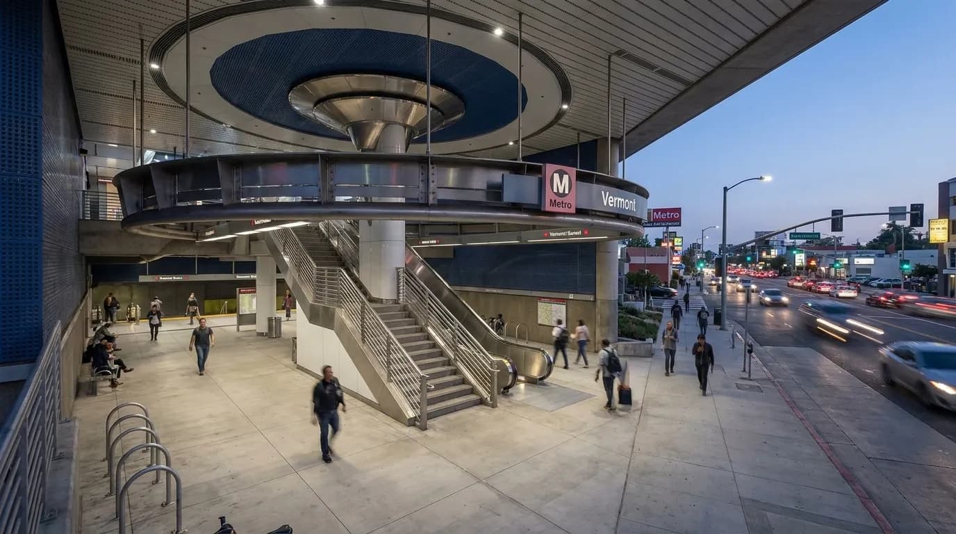 Vermont Metro B Line station entrance in Los Angeles at dusk with pedestrians