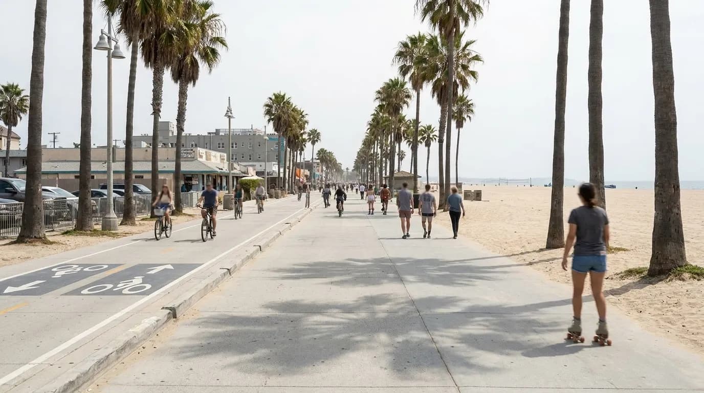 Venice Beach boardwalk with palm trees and bike path under afternoon sun