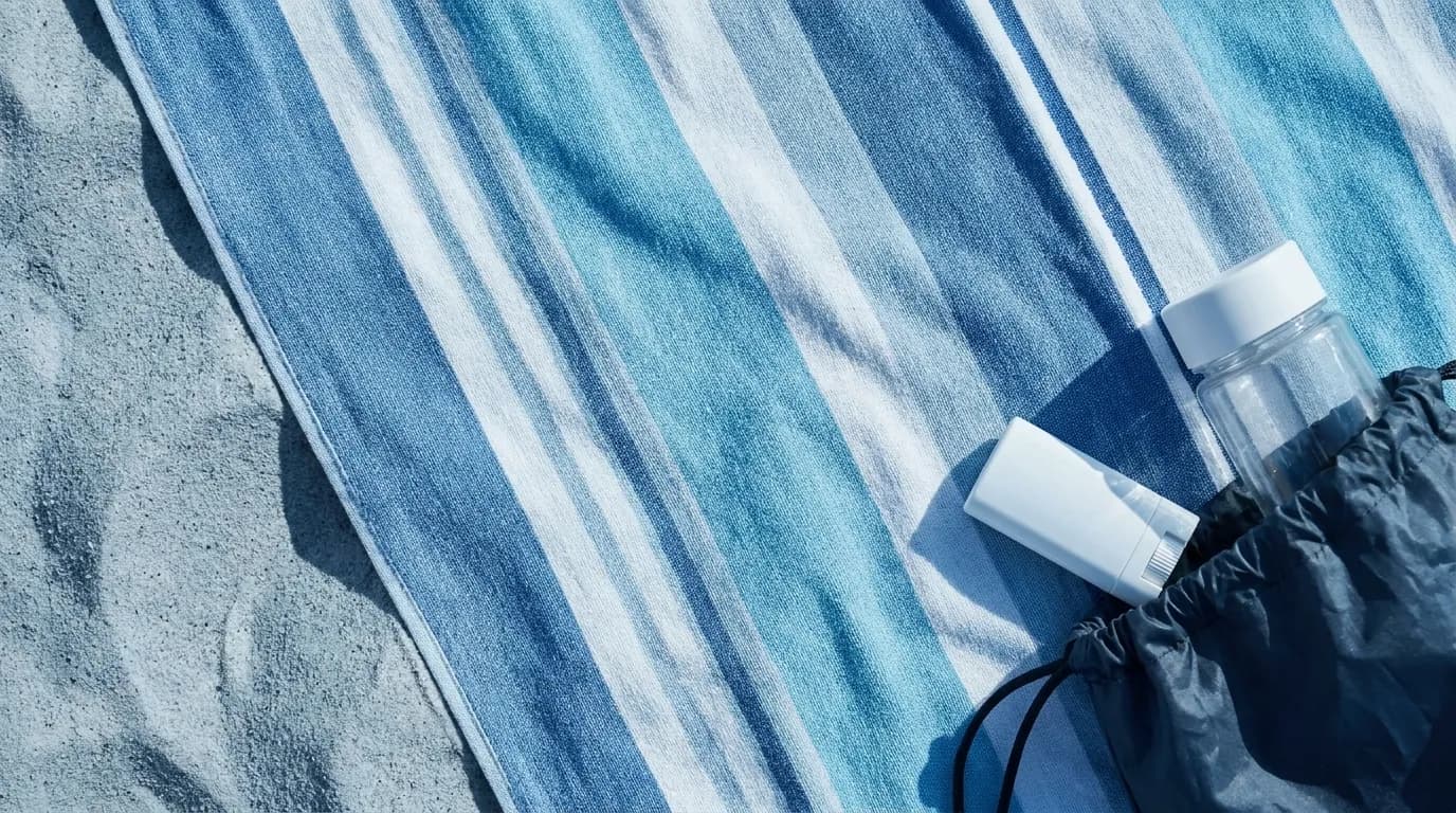 Beach towel with sunscreen and reusable bag on sand in morning light
