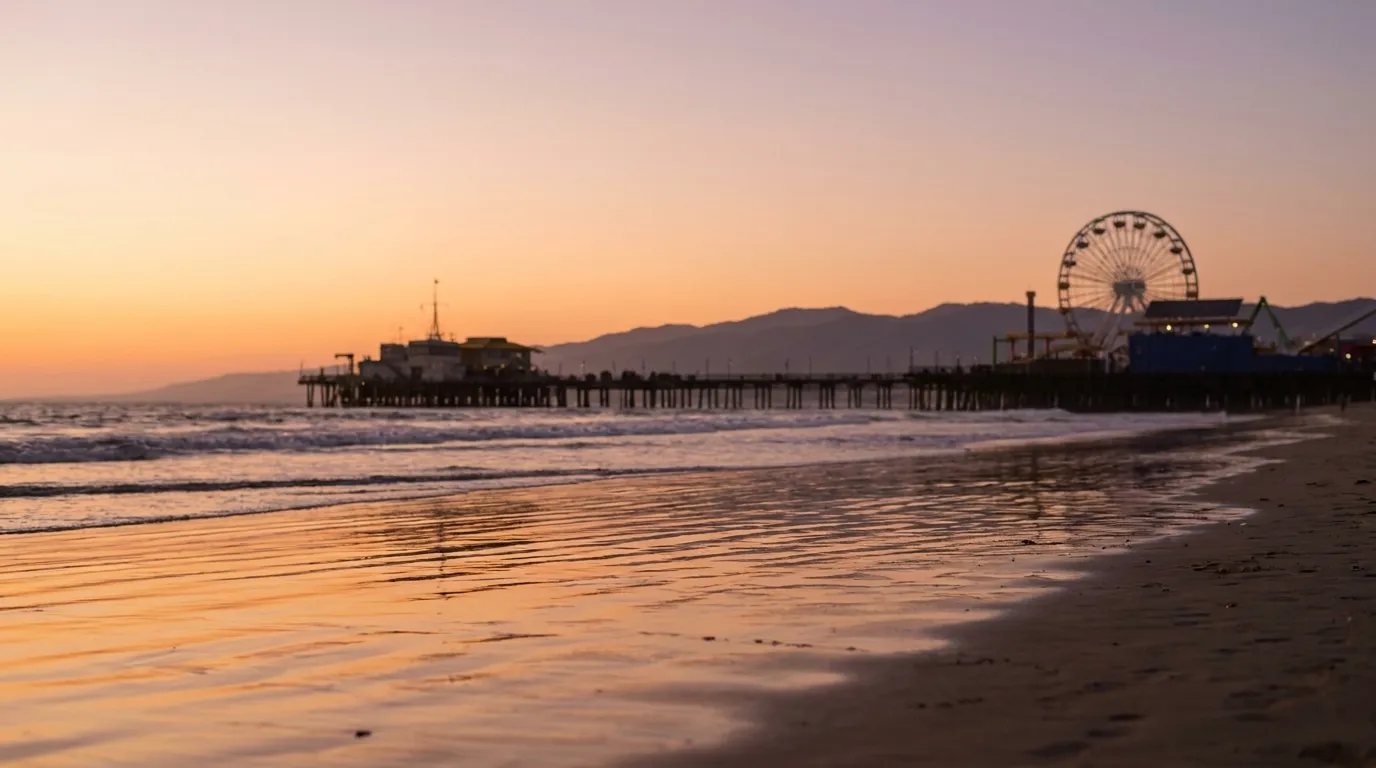 Santa Monica Pier silhouetted at sunset with wet sand reflecting golden light
