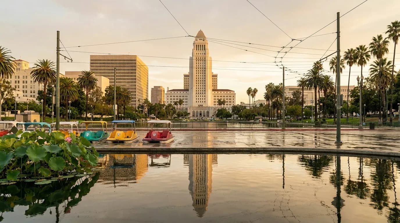Echo Park Lake with pedal boats and downtown Los Angeles skyline in background