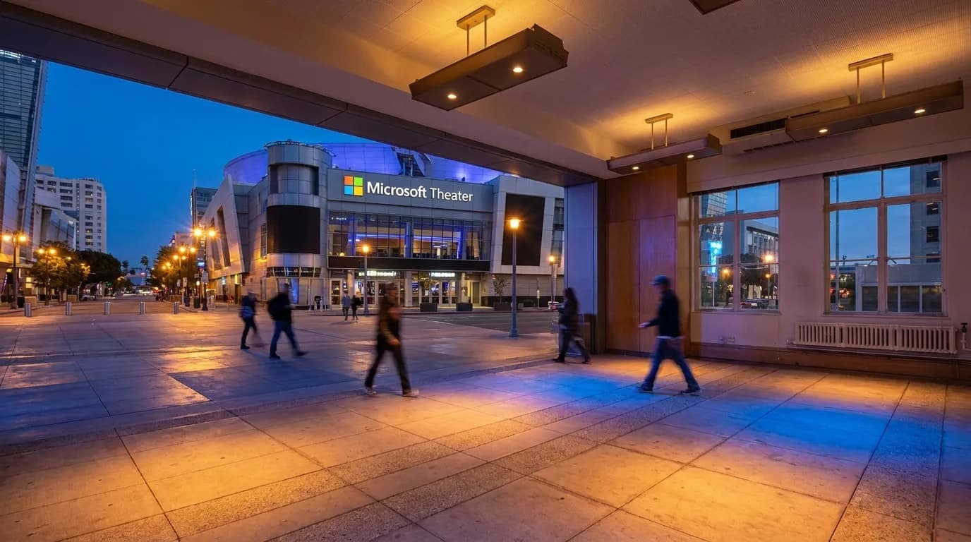 LA Live plaza at dusk with pedestrians and ambient lighting in Downtown Los Angeles