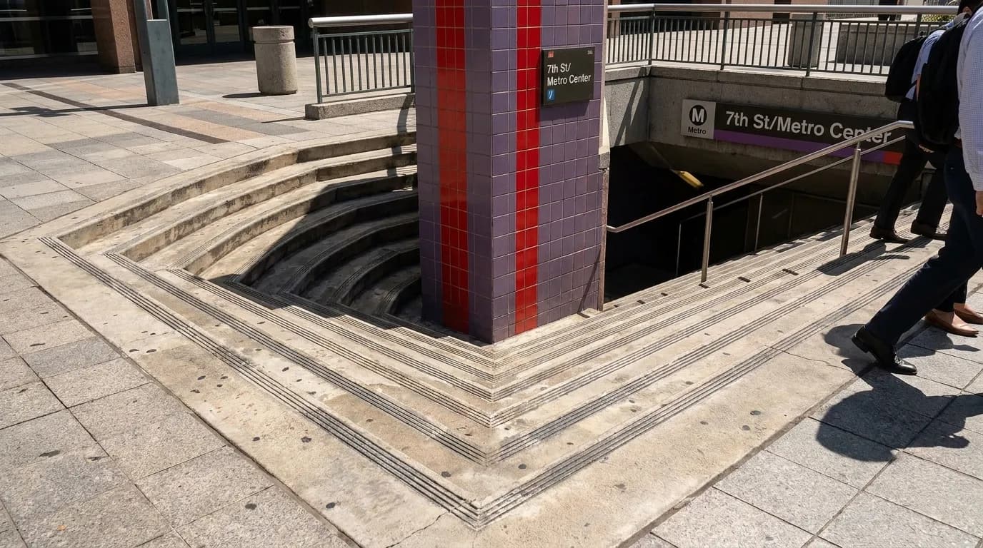 Entrance to 7th Street Metro Center station in Downtown Los Angeles with tile signage