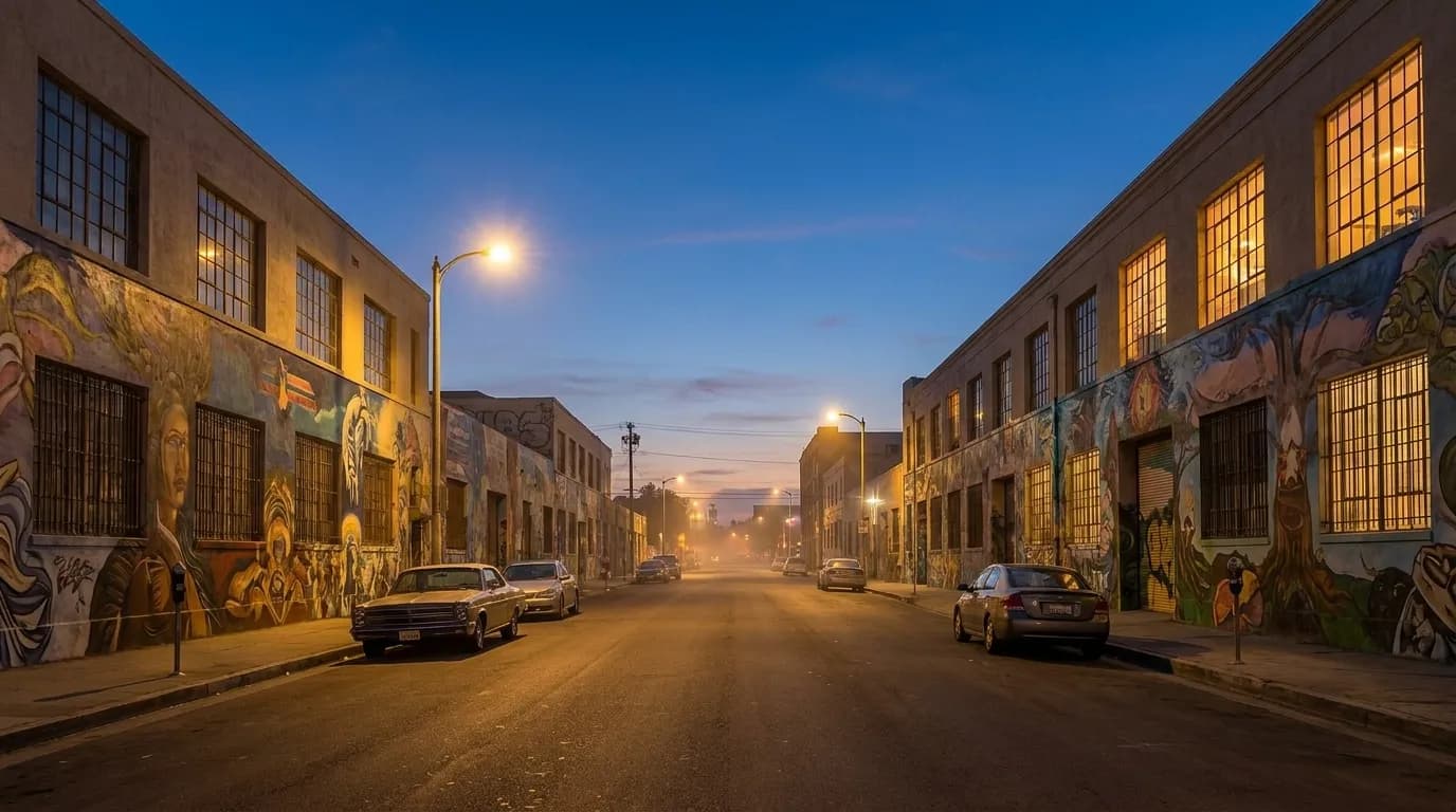 Alameda Street in the Arts District at twilight with warehouse buildings and streetlights