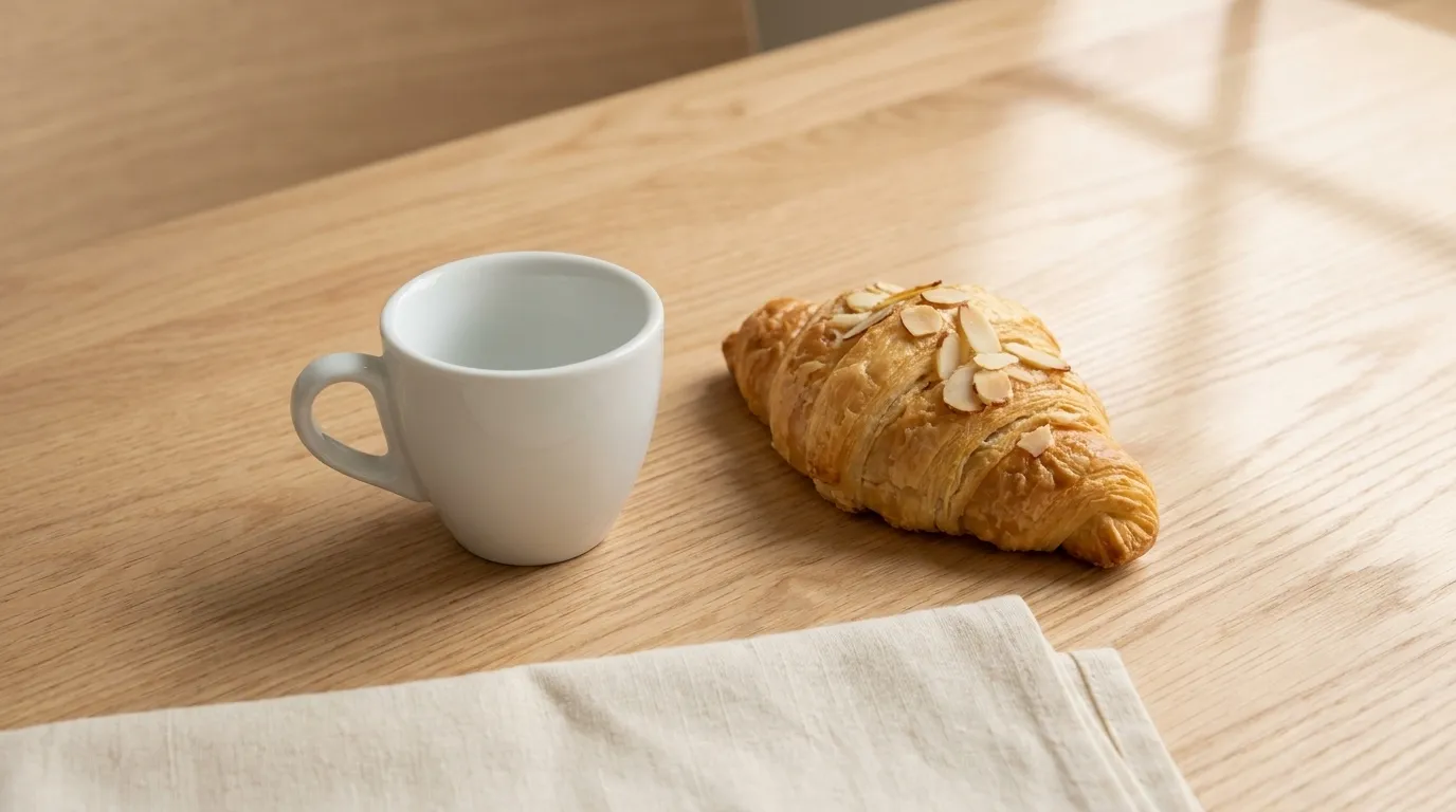 Espresso and almond croissant on a wood table in natural morning light at a Culver City café