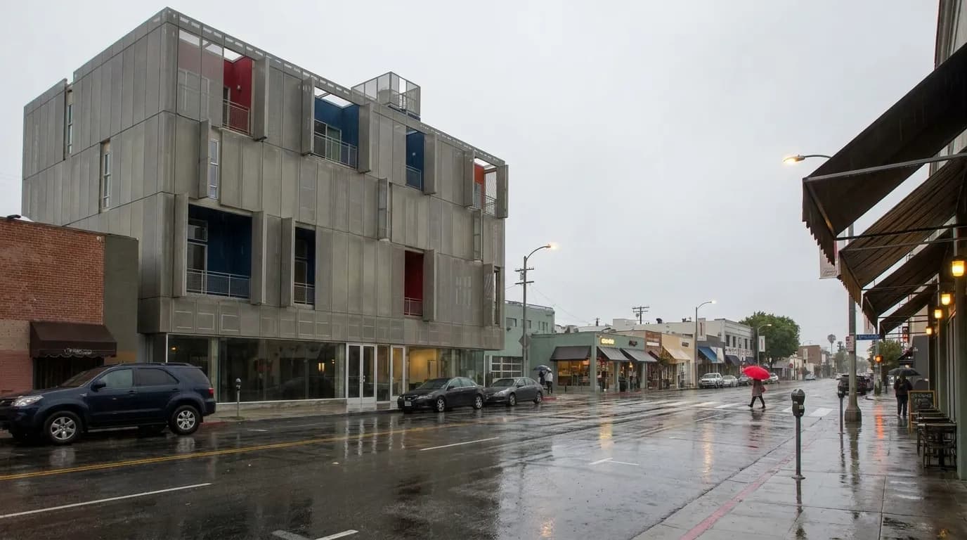 Washington Boulevard in Culver City with wet pavement and café awnings after an afternoon rain